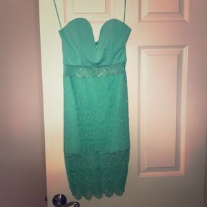 Sea foam green strapless knee length lace dress